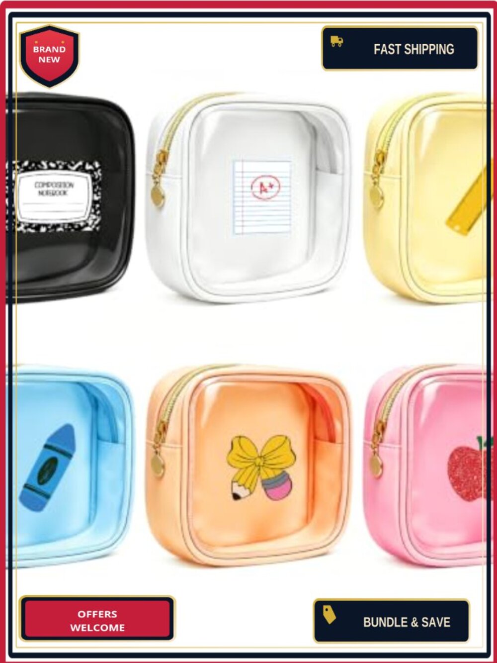6 PC Back to School Mini Makeup Bags with Zipper Clear Cosmetic Bag Set